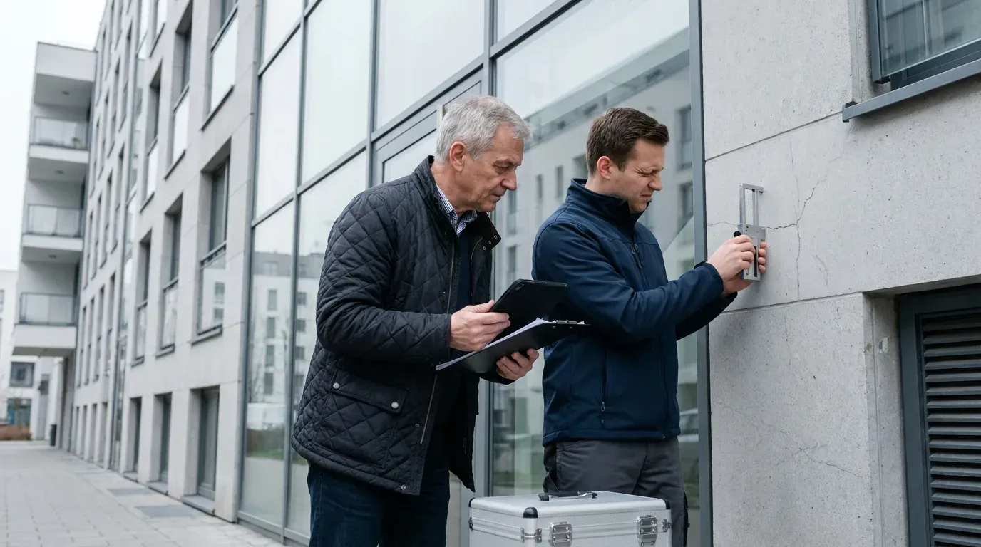 Zwei Sachverständige an einer Gebäudefassade: Einer hält ein Tablet und notiert, der andere setzt einen Rissbreitenmaßstab an einen Riss im Beton. Neben ihnen steht ein Instrumentenkoffer.