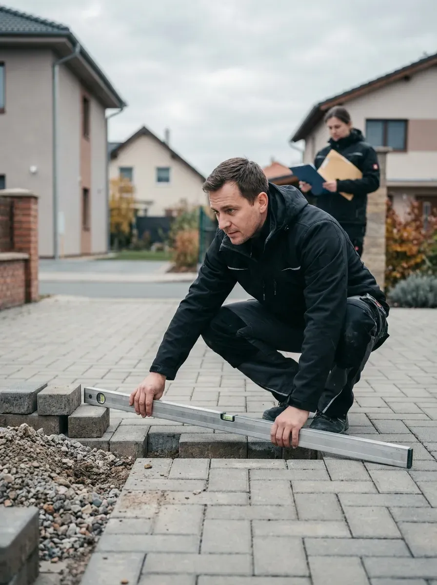 Ein Sachverständiger kniet auf einer Pflasterfläche und legt eine Richtlatte über eine Senke; darunter klafft ein Spalt. Im Hintergrund hält eine zweite Person Unterlagen in der Hand.