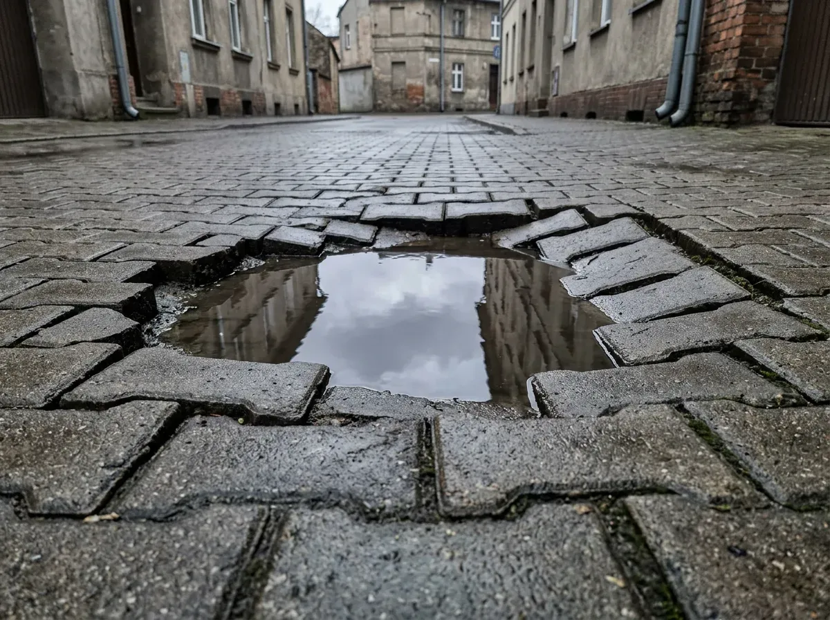 Flacher Blick knapp über einer gepflasterten Gasse: In der Mitte ist die Fläche abgesackt, in der Senke steht Wasser und spiegelt den Himmel. Rundherum stehen die Randsteine schräg und die Fugen klaffen auf.