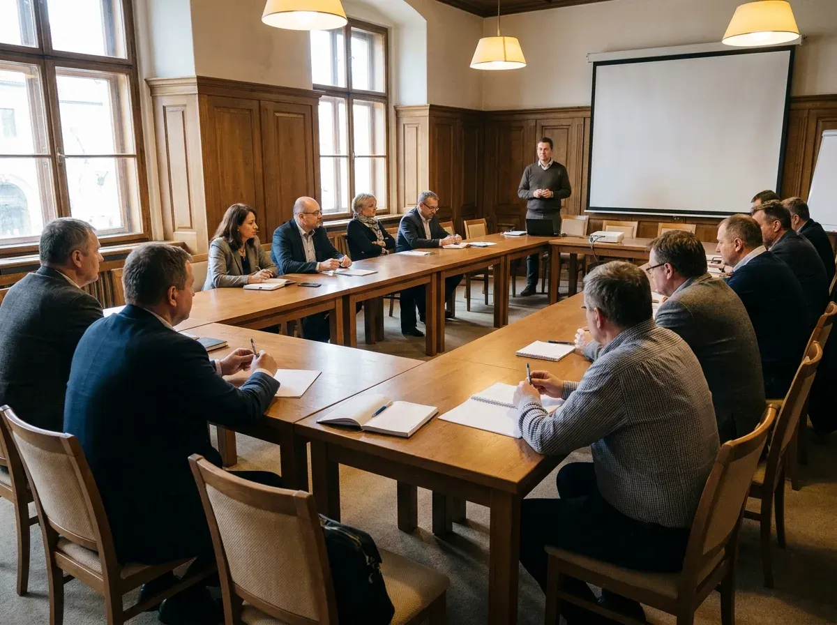 Ein Seminarraum mit U-förmig gestellten Tischen: Rund zwölf Teilnehmerinnen und Teilnehmer machen Notizen, vorne steht der Vortragende neben der Leinwand.