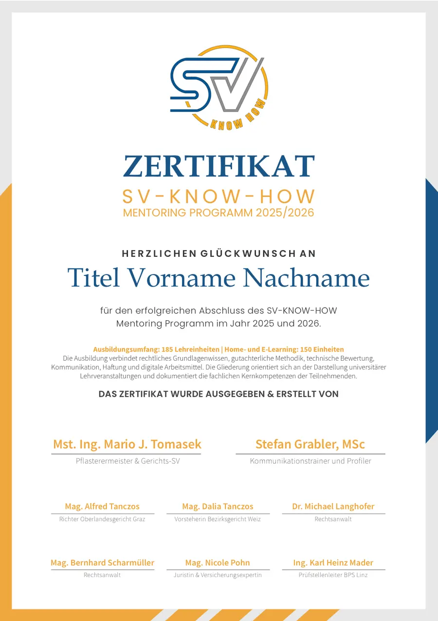 Muster des SV-Know-How-Zertifikats, ausgestellt von den acht Referenten des Programms